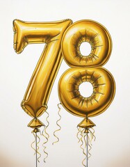 Gold birthday / anniversary party balloon, number 78, watercolor painting with white background