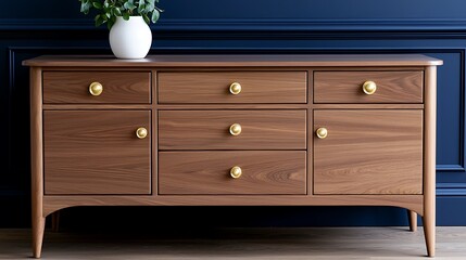 Mid Century Modern Wooden Sideboard with Gold Knobs