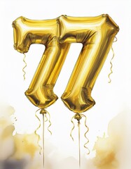Obraz premium Gold birthday / anniversary party balloon, number 77, watercolor painting with white background