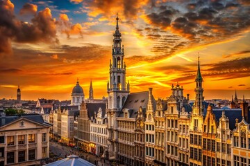 Obraz premium Brussels Sunset Cityscape: Panoramic Golden Hour View