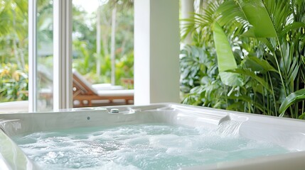 Hydrotherapy for beauty and wellness at the spa Serene hot tub surrounded by lush greenery and natural light.