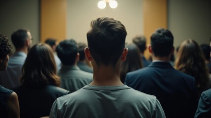 A person standing at the back of a crowded room, eyes wide and face shadowed, with stiff body language, representing the fear of judgment in a tense social setting.