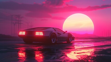 A retrofuturistic car drives towards a glowing sun in a synthwave style.