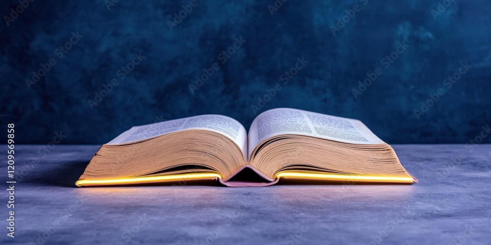 Poster law restriction policy concept. an open book with illuminated pages sits on a textured surface again