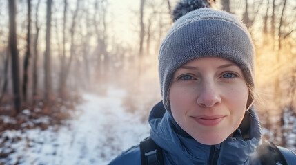 Young woman smiling with misty breath, winter hiking in snowy forest, warm sunlight background