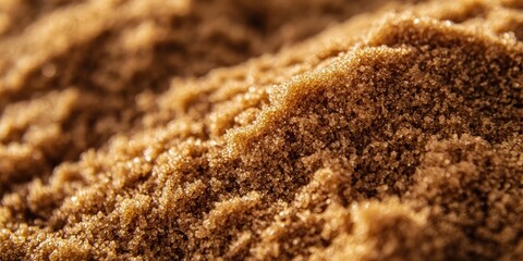 Closeup of a rich brown heap of muscovado sugar with a textured surface and warm tones, ample soft background for copy space.