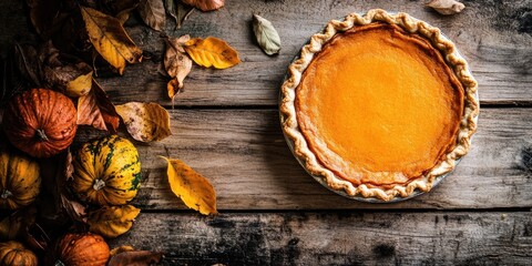 Fototapeta premium Homemade pumpkin pie on a rustic wooden table surrounded by autumn leaves and colorful gourds in warm orange and yellow hues.