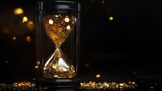 A surreal hourglass with liquid gold flowing between chambers, symbolizing the fleeting nature of wealth and time - Powered by Adobe