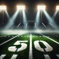 Dramatic Football Field Under Stadium Lights with Fog - Game Day Atmosphere and Sports Event Background