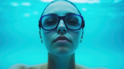 Fototapeta premium Hydrotherapy for beauty and wellness at the spa Underwater portrait of a woman wearing swimming goggles.