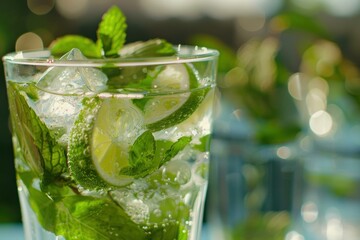 Close up of a refreshing mojito cocktail with ice, lime, and mint leaves, sparkling in the sunlight