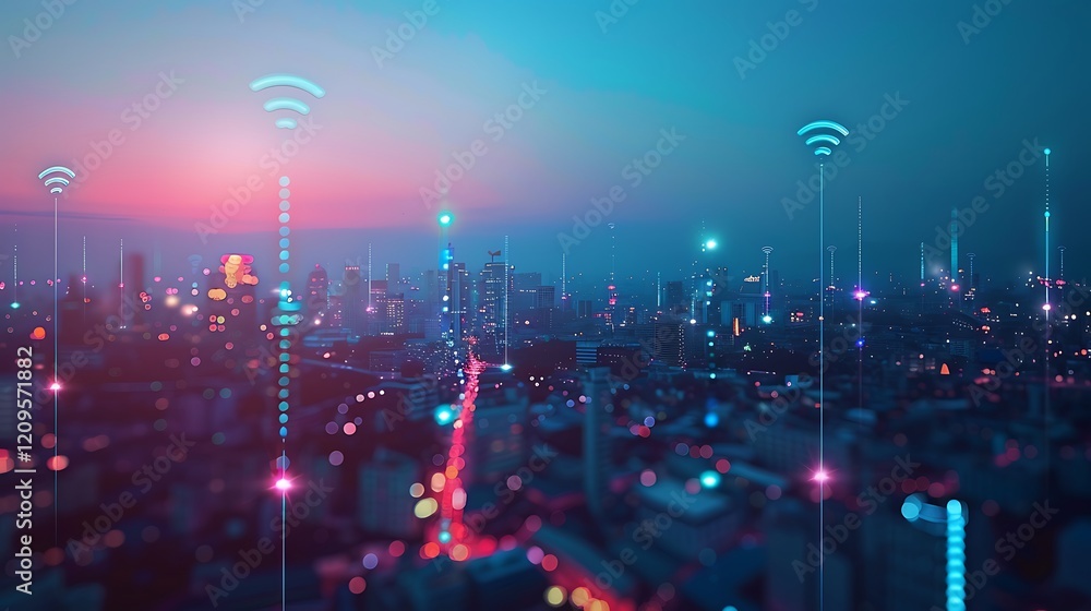 Aufkleber smart city with wireless network connection and internet of things technology concept.