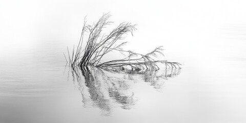 Monochrome portrayal of dehydrated wild grass submerged in clear water with soft reflections, emphasizing the delicate texture and serenity.