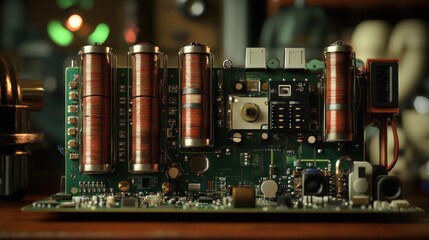 Close-up of a Green Circuit Board with Copper Coils