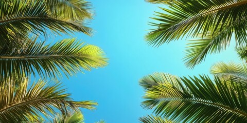 Lush green palm tree leaves arranged symmetrically against a bright blue sky with clear sunlight creating vivid natural scenery.
