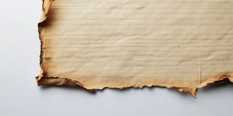 Old aged paper with frayed edges on the right side against a clean white background, showcasing warm beige and brown tones in texture.