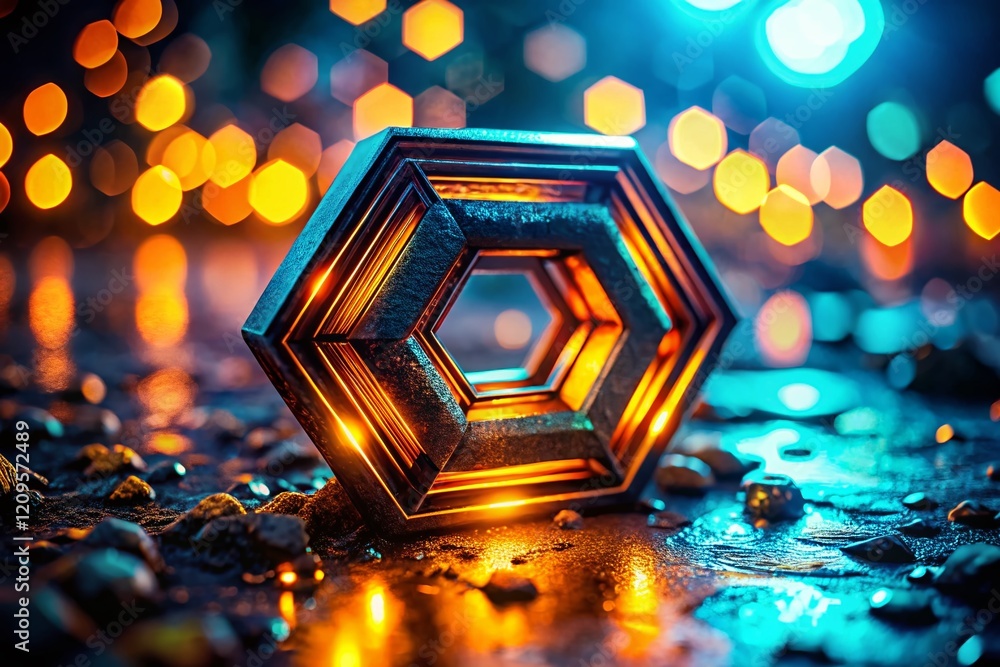 Poster candid photo: glowing hexagonal tech symbol in dark setting