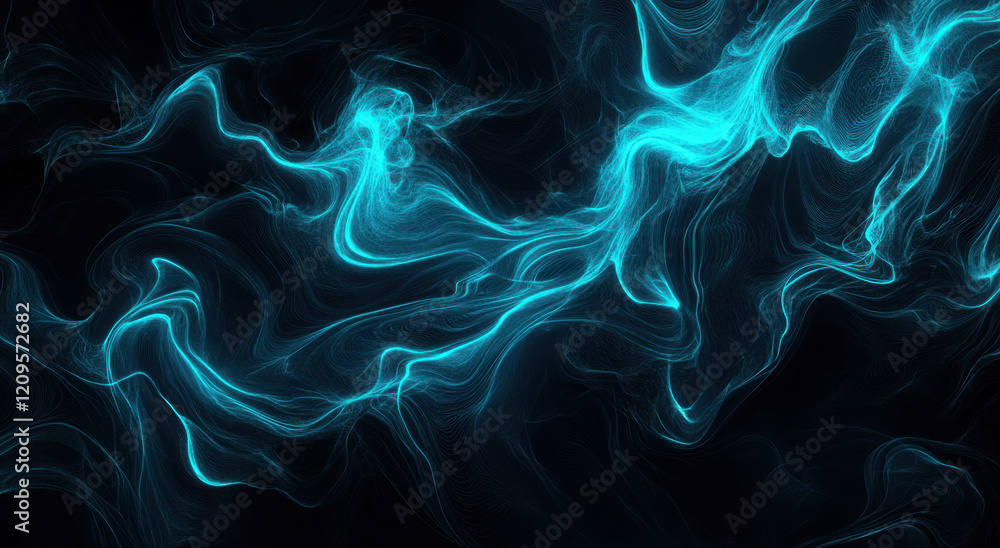 Poster swirling patterns of glowing turquoise emit a vibrant energy against a dark blue backdrop, creating 