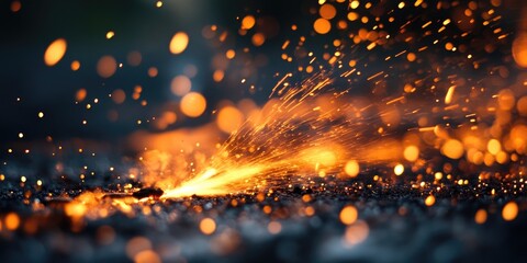 Vibrant orange sparks scattering against a blurred dark background, evoking a sense of motion and warmth in an artistic fire display.
