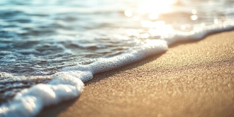Gentle sea waves softly lapping on a golden sandy shore with sunlit reflections and blurred background creating ample copy space.
