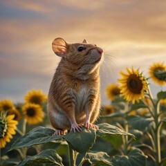 A golden-brown mouse perched on a sunflower with a soft, pastel sky behind it.