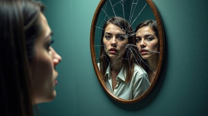 A person gazing at a cracked mirror, their reflection fragmented into several versions, symbolizing the fear of multiple possible futures and confusion.