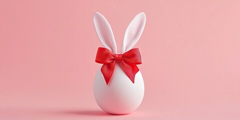 Fototapeta premium Minimalistic Easter greeting card with a white egg featuring red satin bow and bunny ears, centered on soft pastel pink background.