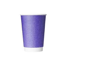 cardboard glass of purple color, for coffee or tea on an isolated white background close up