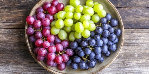 Colorful assortment of red green and black grapes arranged in a circular pattern on a rustic wooden background elegantly presented on a plate