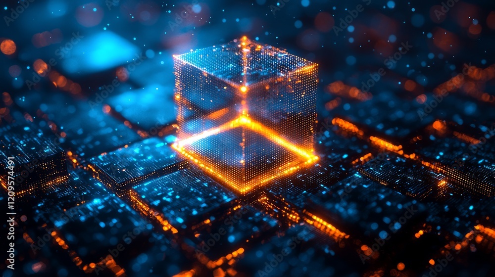 Aufkleber glowing cube on circuit board, data processing, digital technology