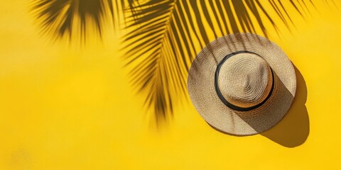 Fototapeta premium Straw hat on vivid yellow background with tropical palm leaf shadow, arranged in a flat lay style, ample copy space on the top right.