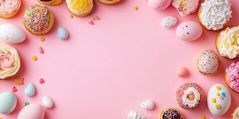 Easter themed sweets and pastries arranged on a soft pink background, featuring colorful donuts, decorative eggs, and festive spring accents in a circular layout.