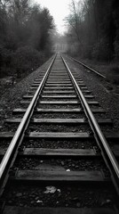 Obraz premium Railroad Tracks Through a Foggy Forest: A Monochromatic Journey