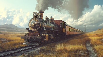 Obraz premium Vintage Steam Train Journey Through Majestic Landscape