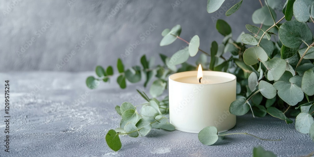 Sticker Eucalyptus leaves in soft green surrounding a lit white candle on a subtle gray textured background with ample negative space for text