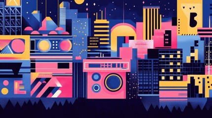 Abstract Cityscape Night Scene Featuring Boombox