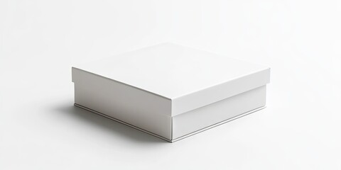 Naklejka premium Minimalistic empty white box positioned at the center of a bright white background with slight shadows highlighting the box edges and texture.