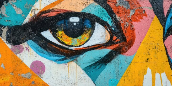 Vibrant urban graffiti close-up featuring a detailed eye with golden tones set against a colorful abstract background in blue orange and white