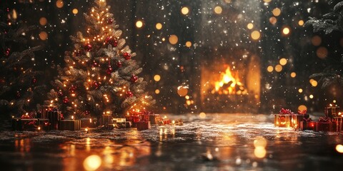 Fototapeta premium Festive Christmas scene featuring a beautifully decorated tree with red ornaments and glowing lights, warm fireplace, sparkly bokeh, dark backdrop.