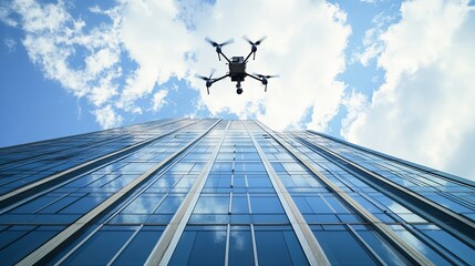 A robotic drone conducting aerial inspections of a modern skyscraper, clean and dynamic environment with a focus on high-rise building maintenance, Urban style