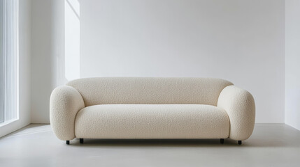 A plush cream-colored sofa features a rounded design in a bright, minimalistic room. Natural light floods in through large windows, highlighting the soft texture and clean lines of the furniture