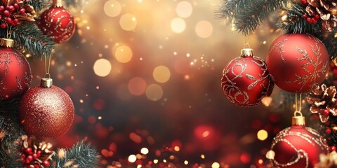 Elegant Christmas ornaments in red and gold with a bokeh background featuring warm tones of brown and gold, enhancing the festive atmosphere.
