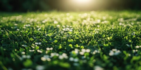Lush green lawn filled with vibrant fresh clover close-up, soft sunlight illuminating the scene from the background, creating a serene atmosphere.