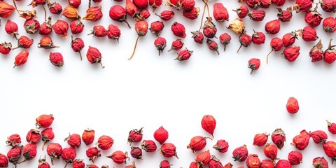 Dried rosehip berries scattered on a white background with ample negative space for text positioning vibrant reds and subtle browns in focus