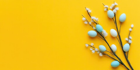 Fototapeta premium Easter themed flat lay with pastel blue eggs and fluffy willow branches on a vibrant yellow background positioned on the left side of the image
