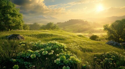 Vibrant green clovers glowing in gentle sunlight, perfect for stpatrick s day celebrations