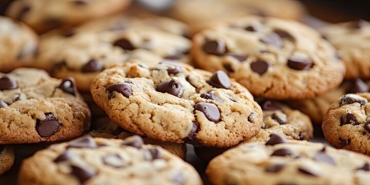 Delicious golden brown chocolate chip cookies stacked closely together on a dark background highlighting the melted chocolate chips.