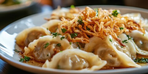 Plated dumplings closeup featuring golden fried onions and green herbs on a white dish,...