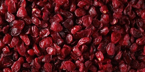 Close-up of vibrant dark red dried cranberries scattered densely across a textured surface highlighting their glossy and wrinkled surfaces.