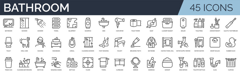 Set of 45 outline icons related to bathroom.  Linear icon collection. Editable stroke. Vector illustration	
